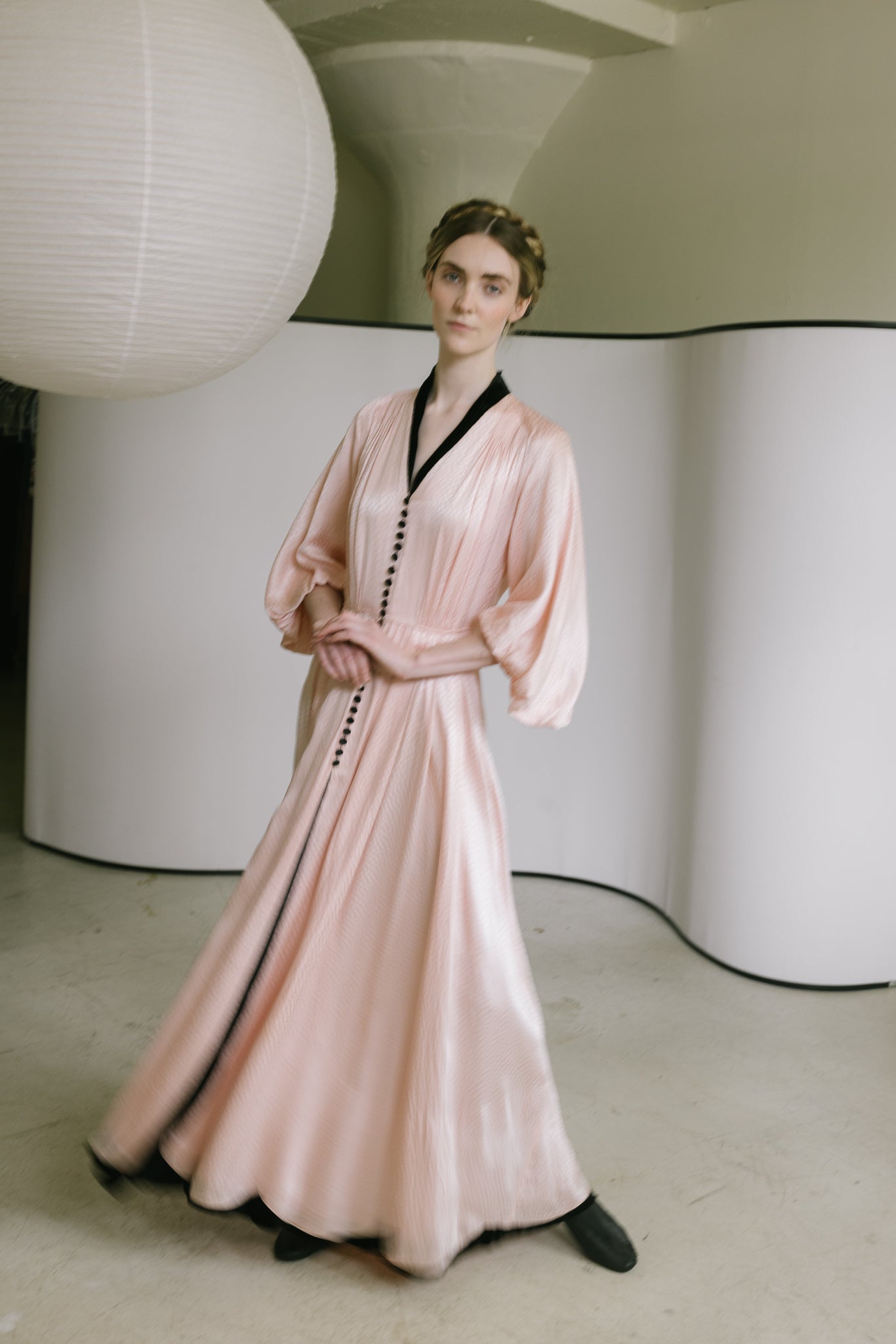1930s printed silk satin balloon sleeve gown, France
