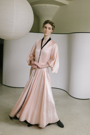 1930s printed silk satin balloon sleeve gown, France