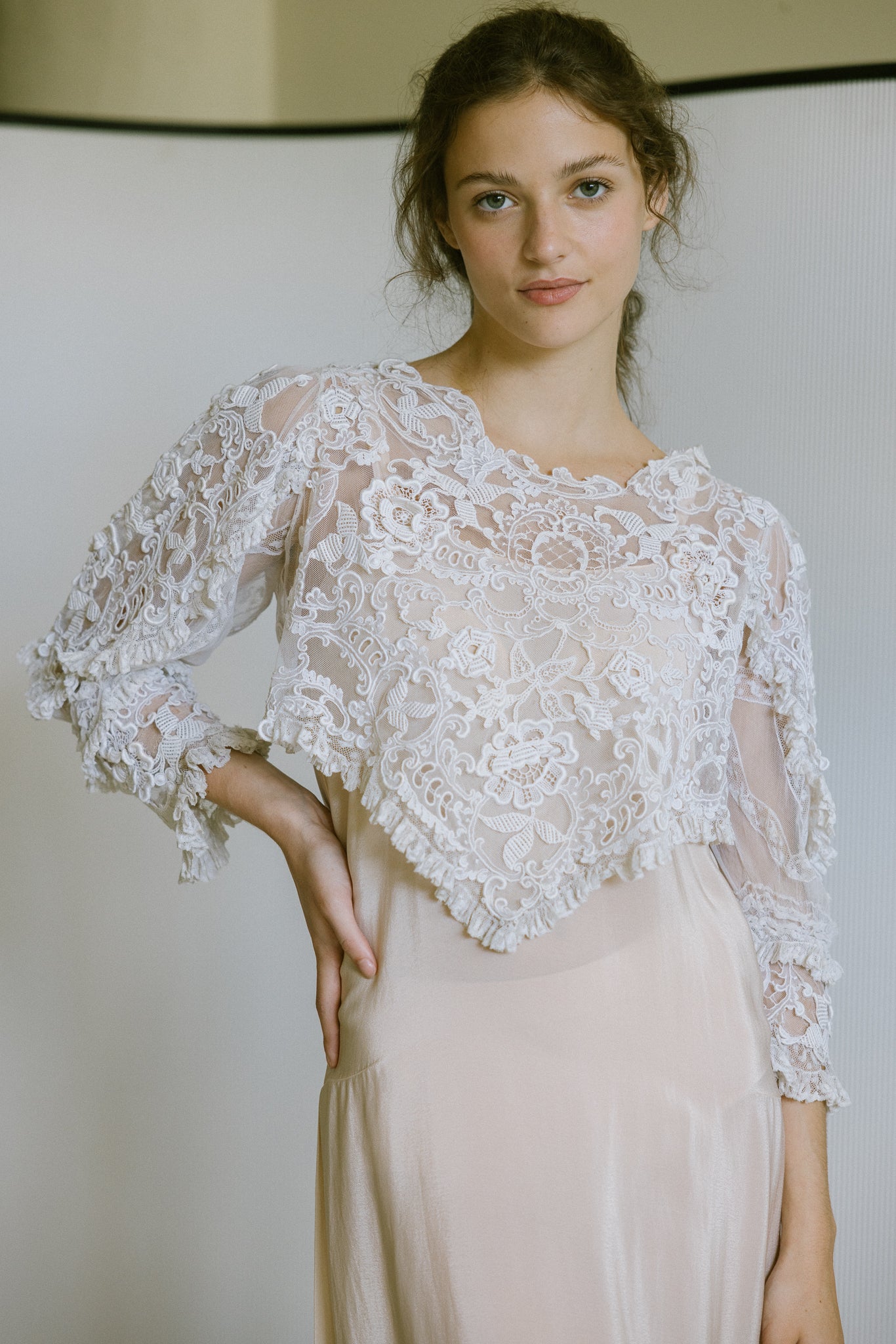 1910s pointed mixed lace embroidered blouse