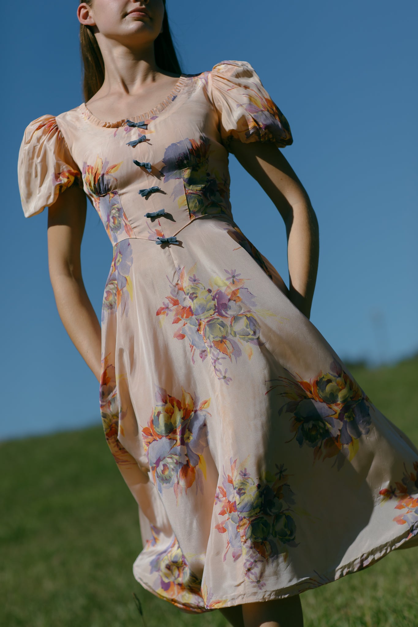 1930s silk taffeta floral bow dress