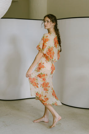 1920s silk chiffon floral capelet dress