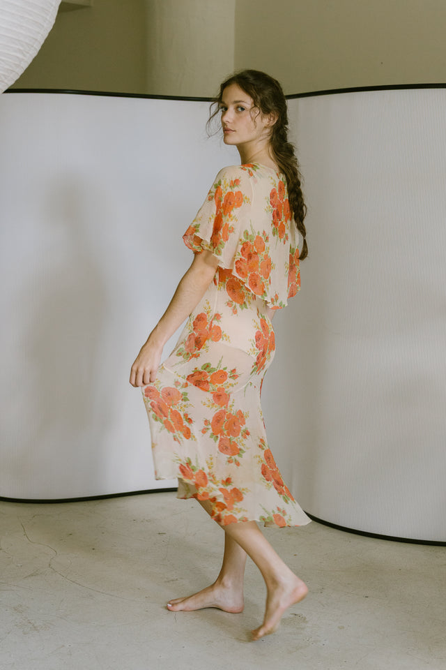 1920s silk chiffon floral capelet dress