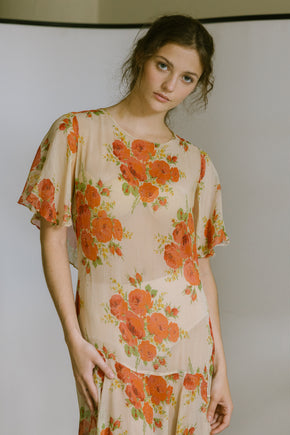 1920s silk chiffon floral capelet dress