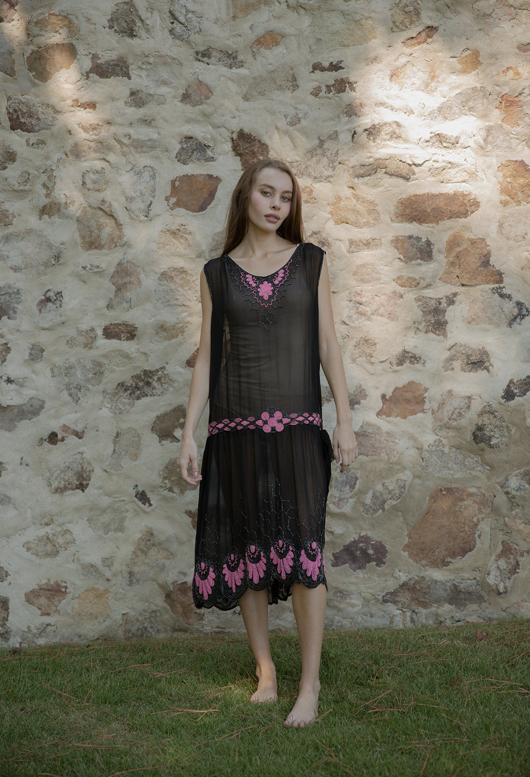 1920s French silk chiffon beaded evening dress