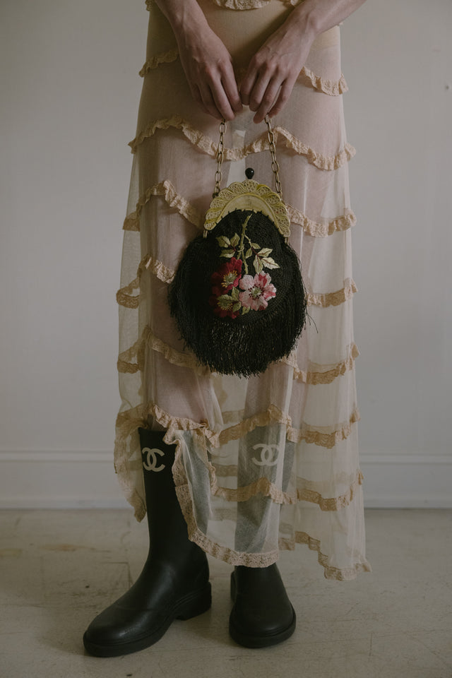 1800s silk floral embroidered bag celluloid frame France
