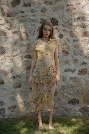 1930s yellow floral silk chiffon dress