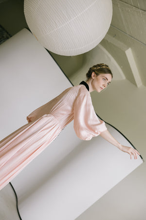 1930s printed silk satin balloon sleeve gown, France