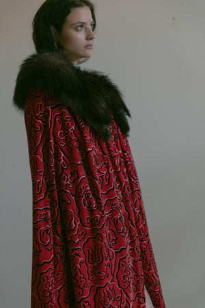 1920s panne silk velvet magenta cape with fox fur