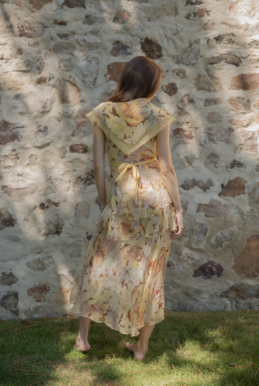 1930s yellow floral silk chiffon dress