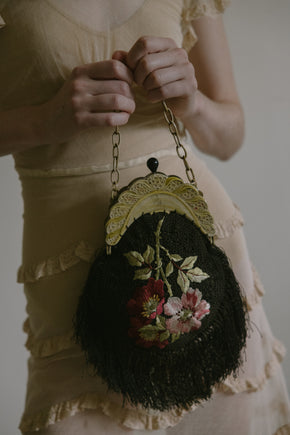 1800s silk floral embroidered bag celluloid frame France