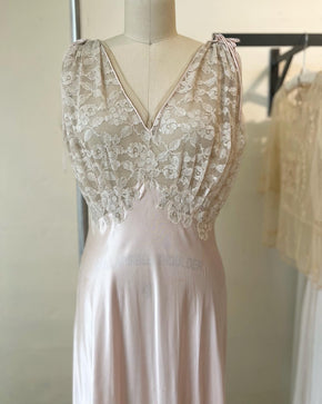 1930s French bias satin lace V neck nightgown
