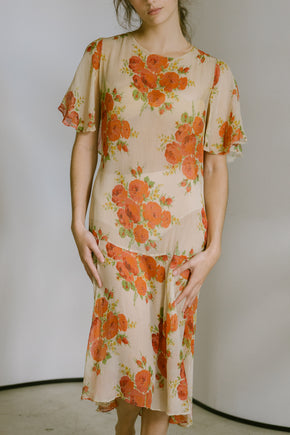 1920s silk chiffon floral capelet dress