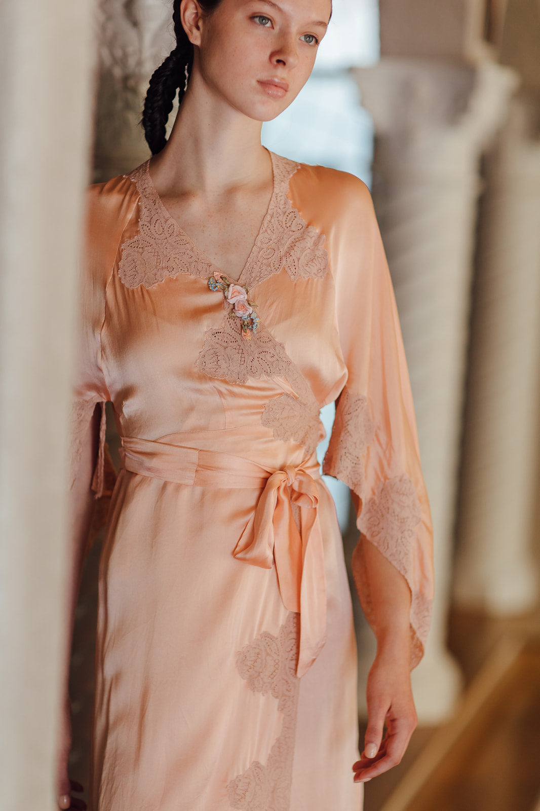 1930s bell sleeve silk lace peignoir robe