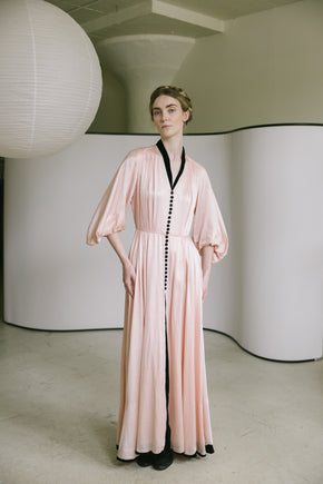 1930s printed silk satin balloon sleeve gown, France