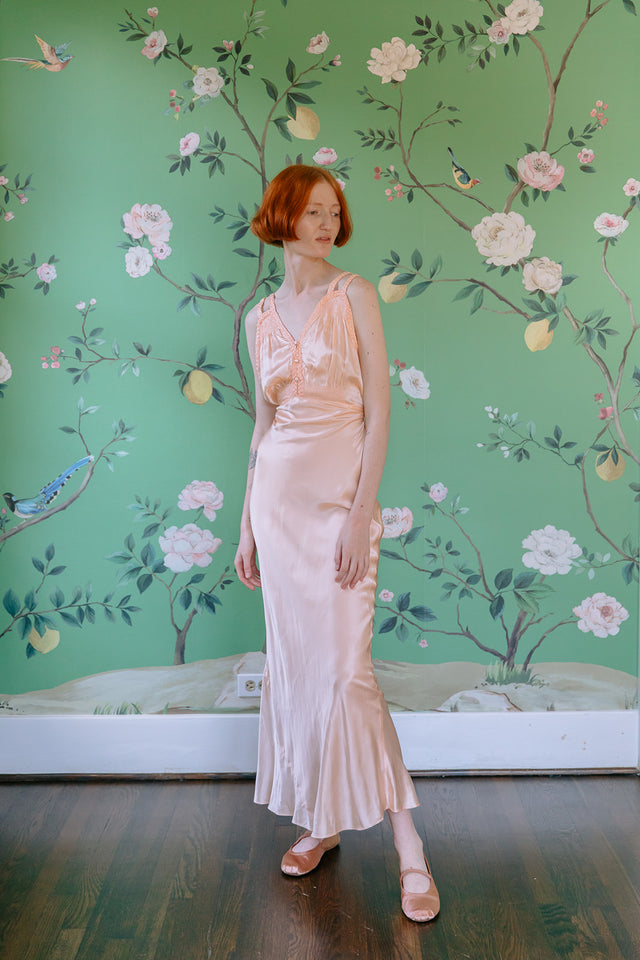 1930s braided french silk satin bias cut nightgown