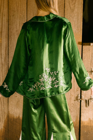 Antique 1920s emerald silk 4 piece chinoiserie set