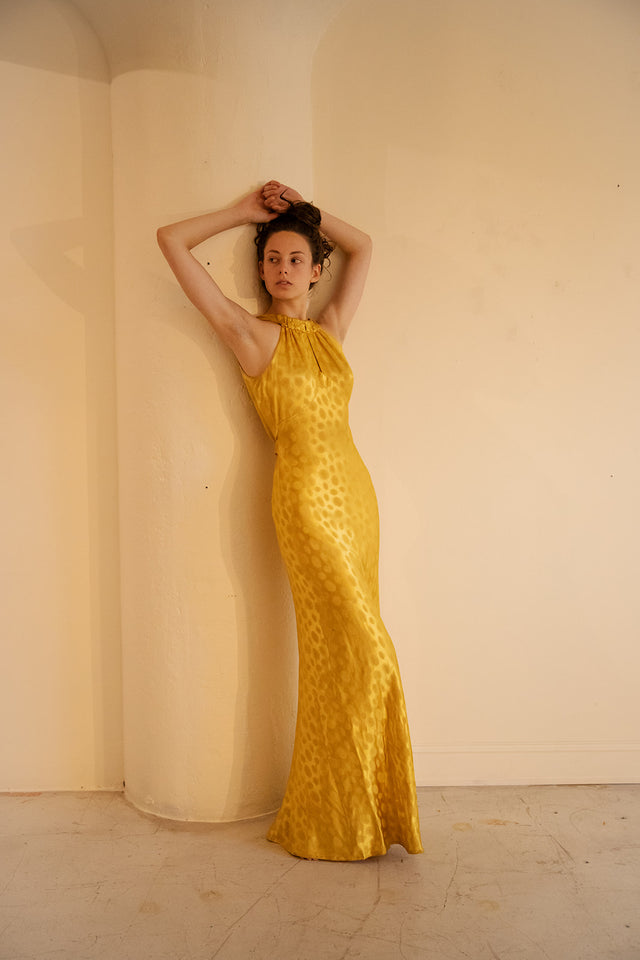 1930s bias gold silk evening gown