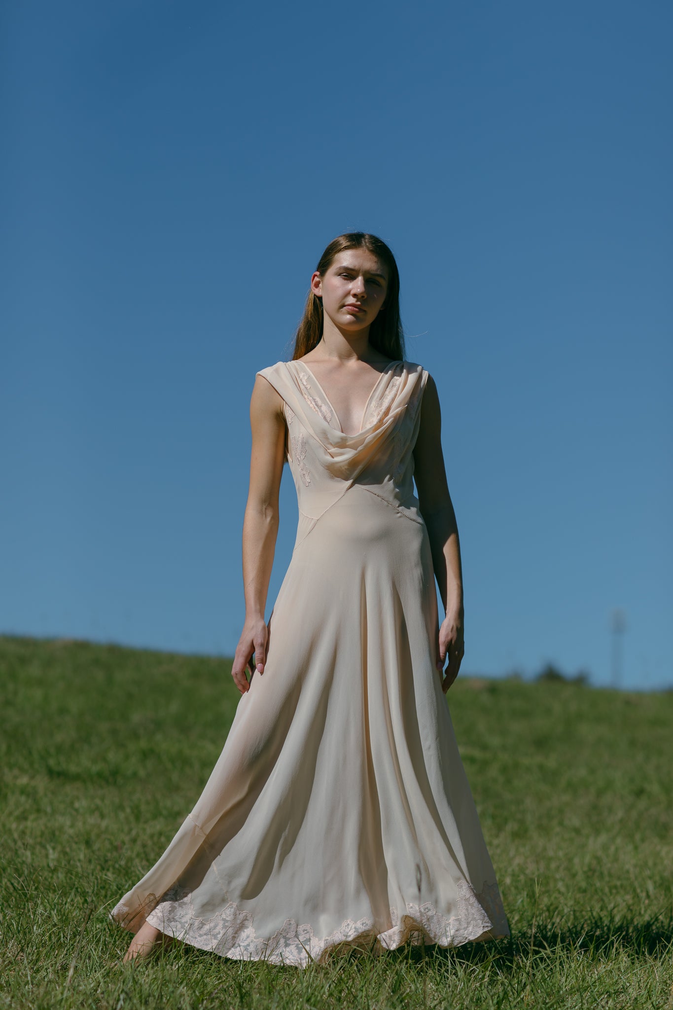 1930s French bias silk appliqué gown