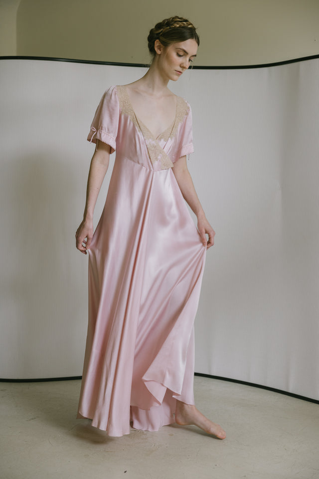 1930s light mauve silk satin lace gown, France