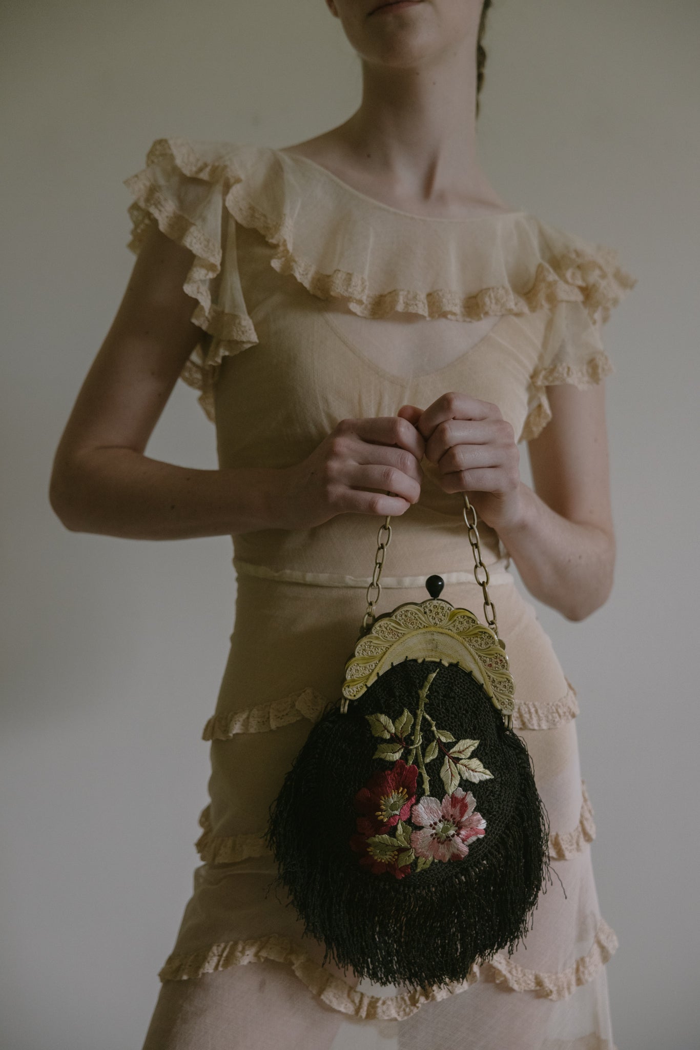 1800s silk floral embroidered bag celluloid frame France