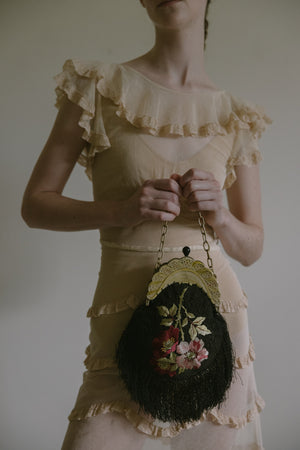 1800s silk floral embroidered bag celluloid frame France
