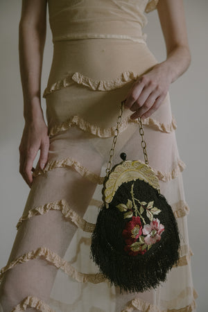1800s silk floral embroidered bag celluloid frame France