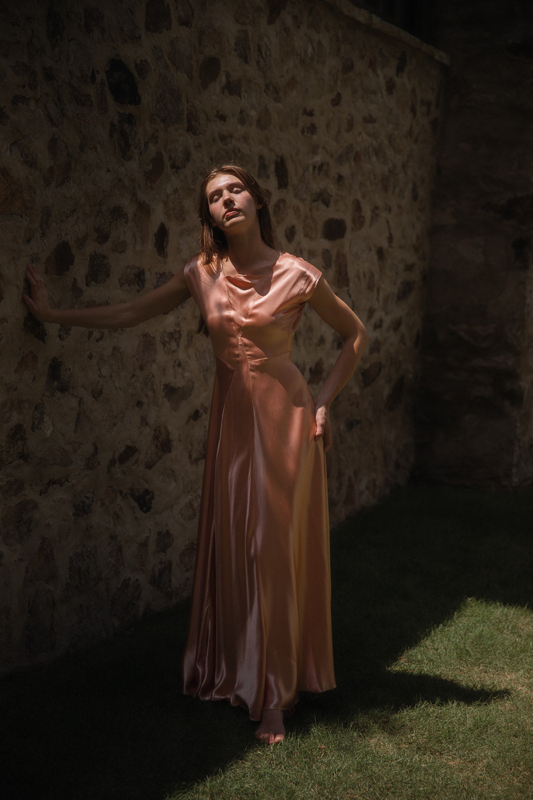 1930s ballet pink satin gown