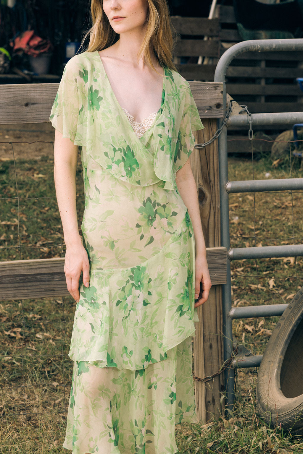 1920s green floral silk chiffon gown