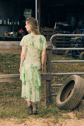 1920s green floral silk chiffon gown