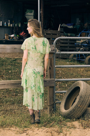 1920s green floral silk chiffon gown