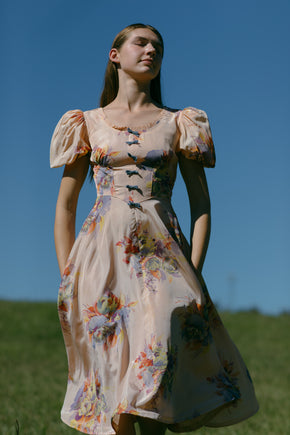 1930s silk taffeta floral bow dress