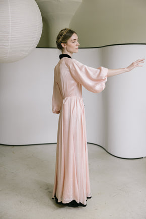 1930s printed silk satin balloon sleeve gown, France