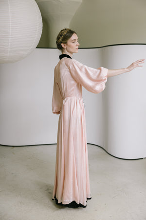 1930s printed silk satin balloon sleeve gown, France