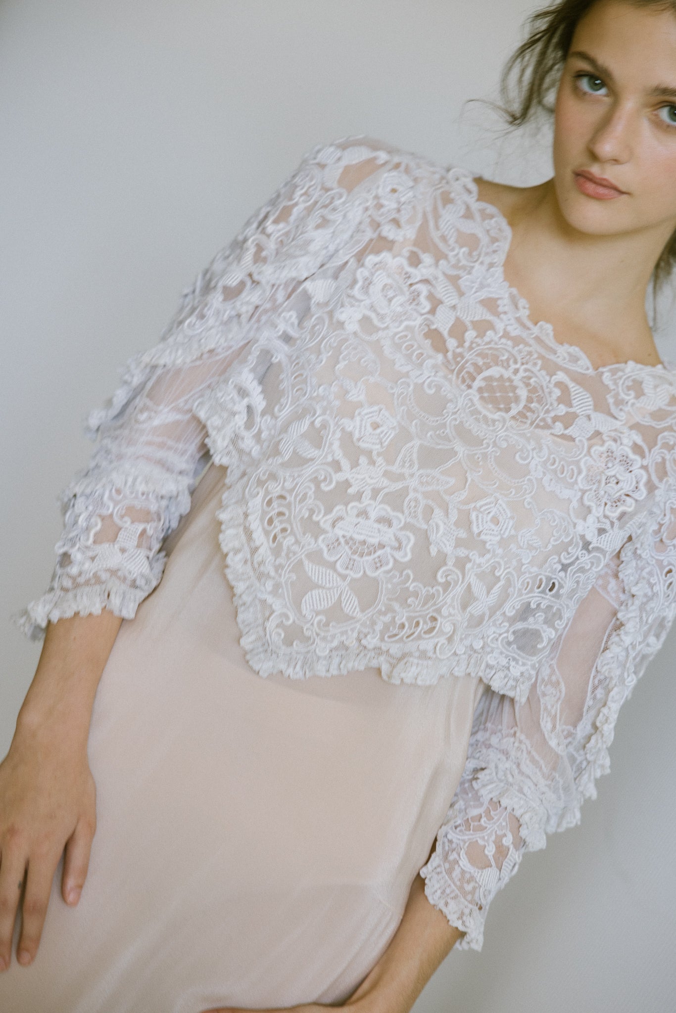 1910s pointed mixed lace embroidered blouse