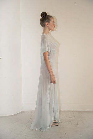 1930s French blue silk embroidered gown