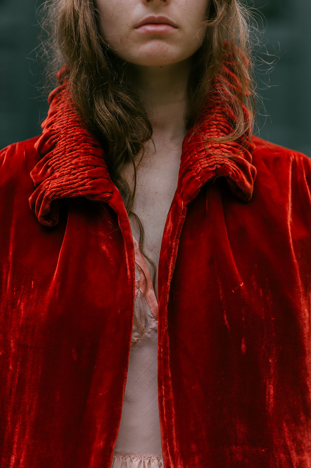 1920s red silk velvet evening cape