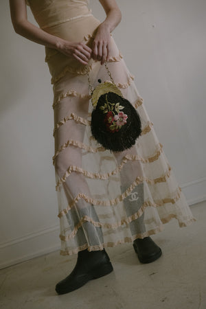 1800s silk floral embroidered bag celluloid frame France