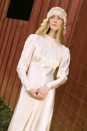 1930s silk satin smocked wedding gown, England