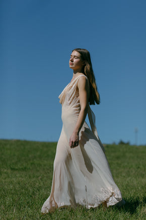 1930s French bias silk appliqué gown