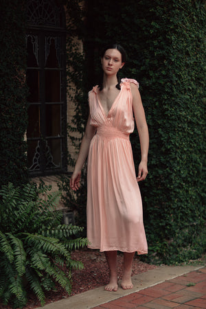 1930s French honeycomb smocked silk dress