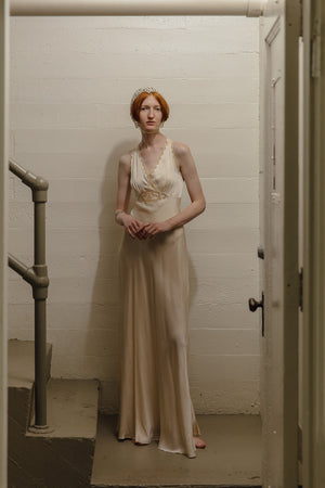1930s bias champagne silk + net night gown