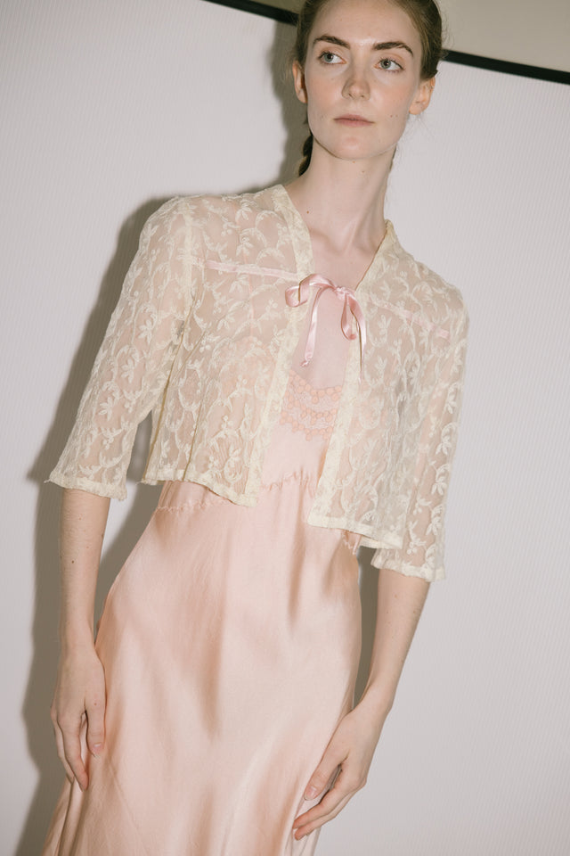 1940s lace silk bed jacket