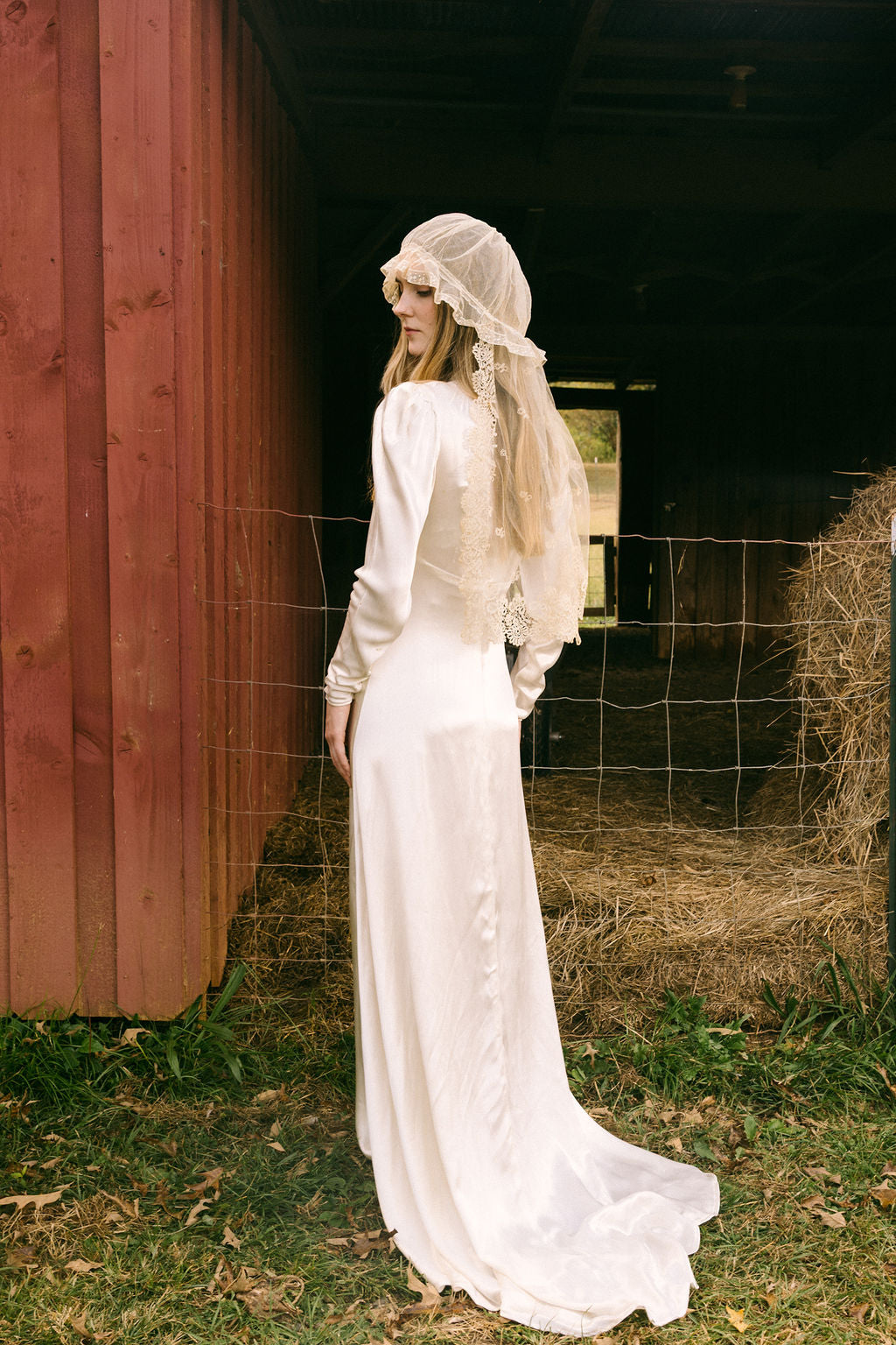 1930s silk satin smocked wedding gown, England
