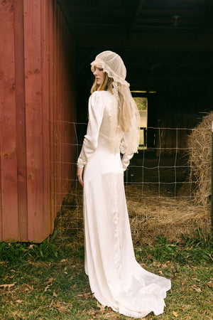 1930s silk satin smocked wedding gown, England