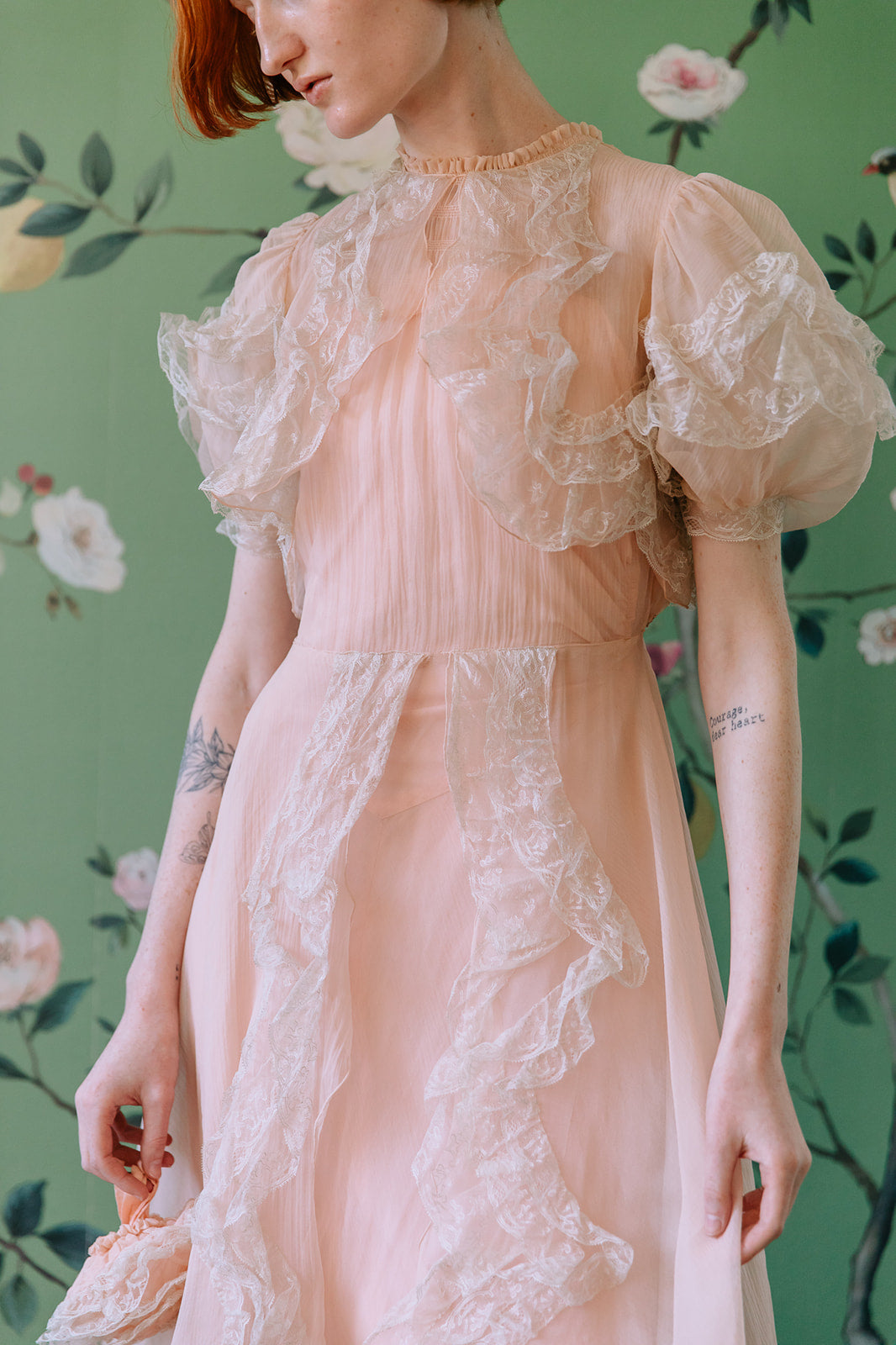 1930s French silk chiffon chantilly lace gown