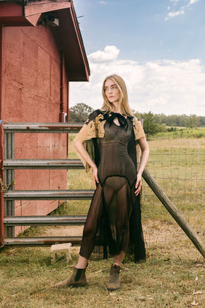 1920s silk chiffon lace capelet dress