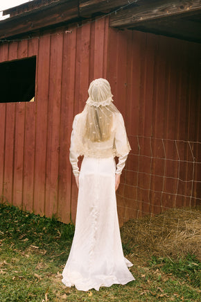 1930s silk satin smocked wedding gown, England