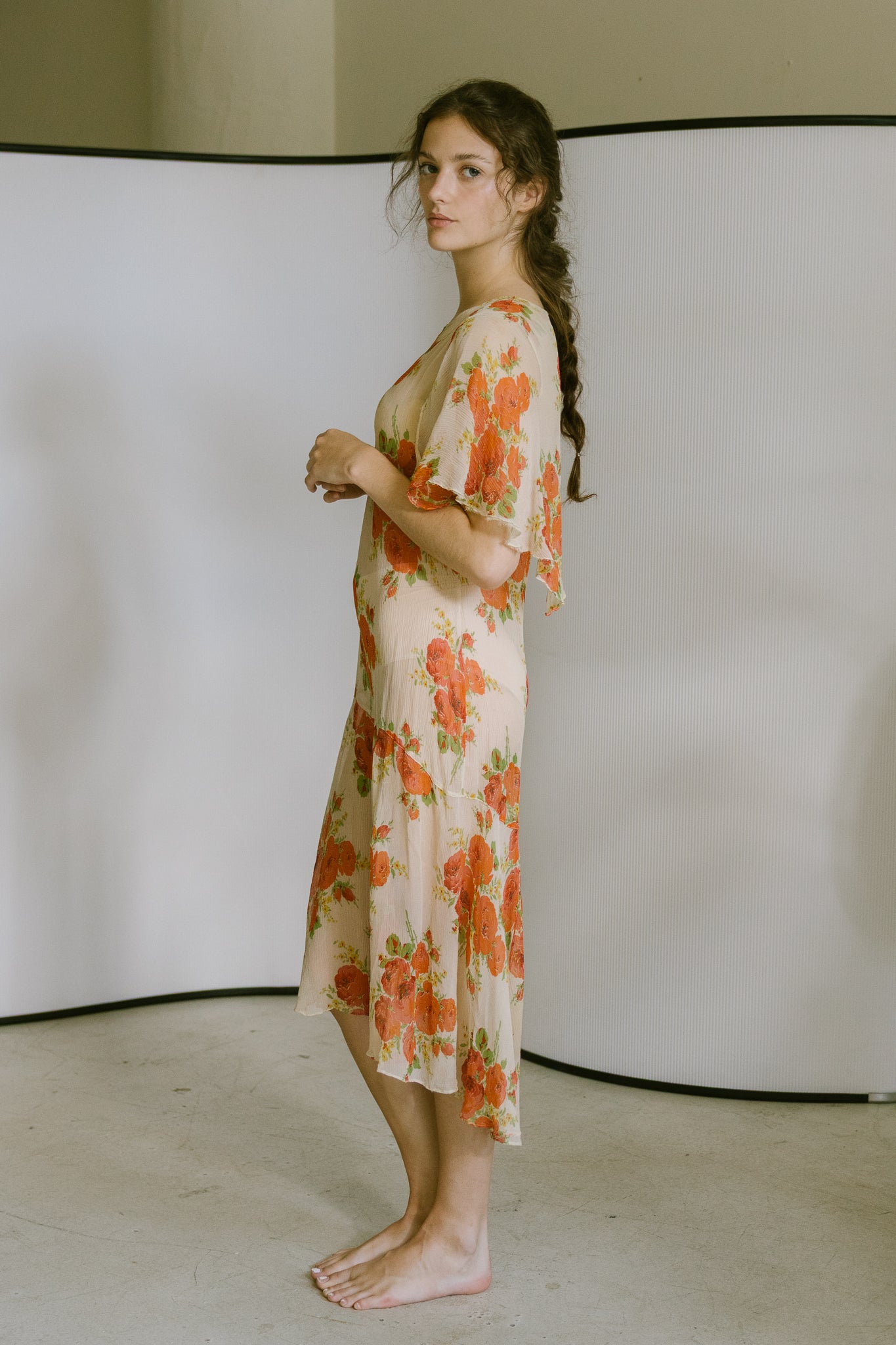 1920s silk chiffon floral capelet dress