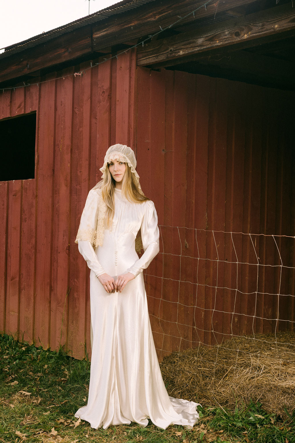 1930s silk satin smocked wedding gown, England