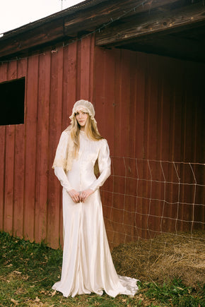 1930s silk satin smocked wedding gown, England